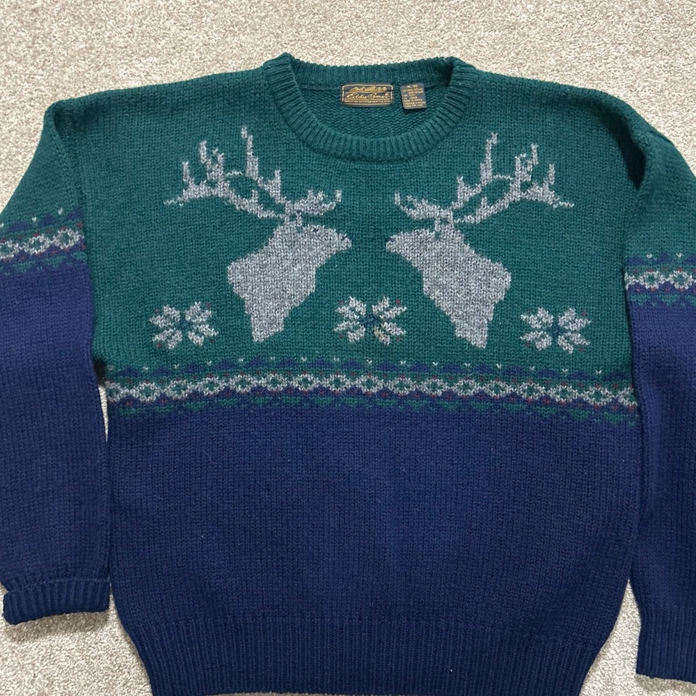Vintage Eddie Bauer Men's XL Wool Sweater with Deer Pattern